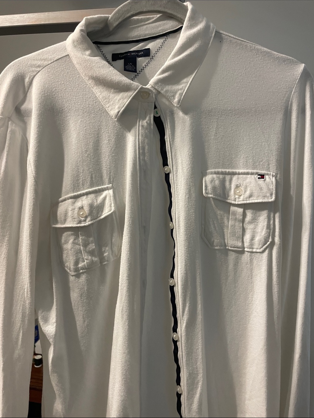 Tommy Hilfiger White Long Sleeve Button-Front Shirt Jacket with Contrast Trim